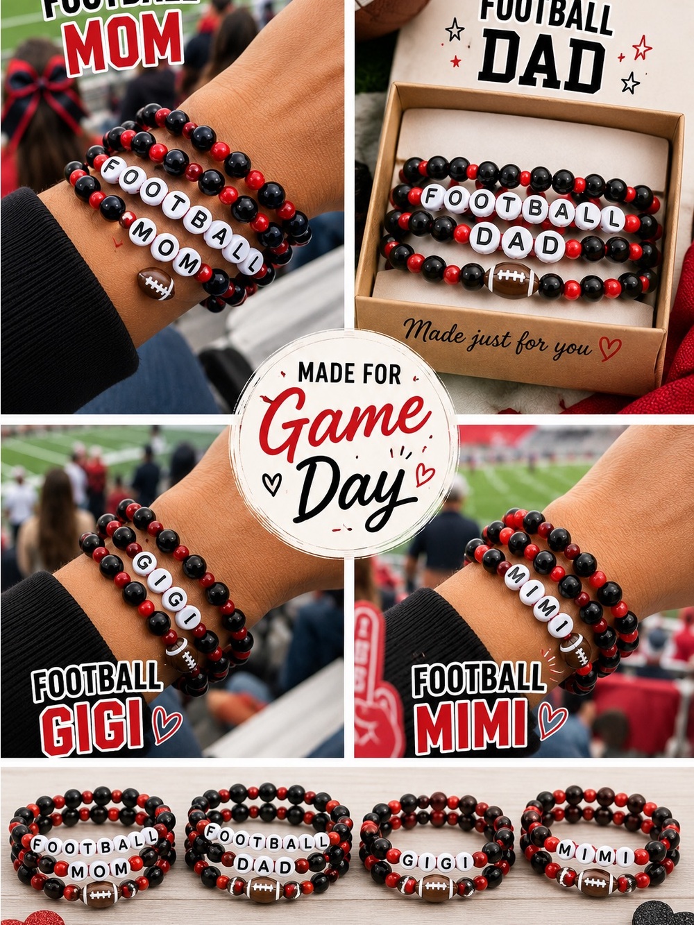 Game Day Football Beaded Bracelet - Black & Red